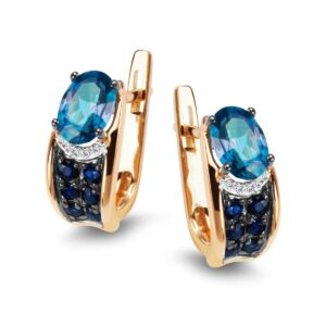 Złote kolczyki z brylantami, szafirami i topazem