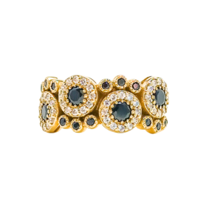 Złoty pierścionek z czarnymi i białymi cyrkoniami