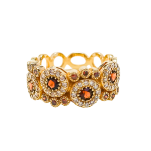 Złoty pierścionek z granatami i cyrkoniami