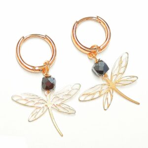 Pozłacane kolczyki kółka z ważką i hematytem