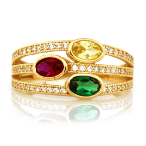 Złoty pierścionek z kolorowymi cyrkoniami