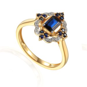 Złoty pierścionek z szafirami i brylantami