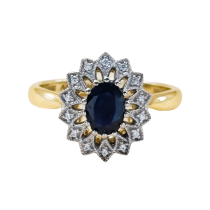 Złoty pierścionek z szafirem i cyrkoniami
