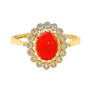 Złoty pierścionek z koralem i cyrkoniami