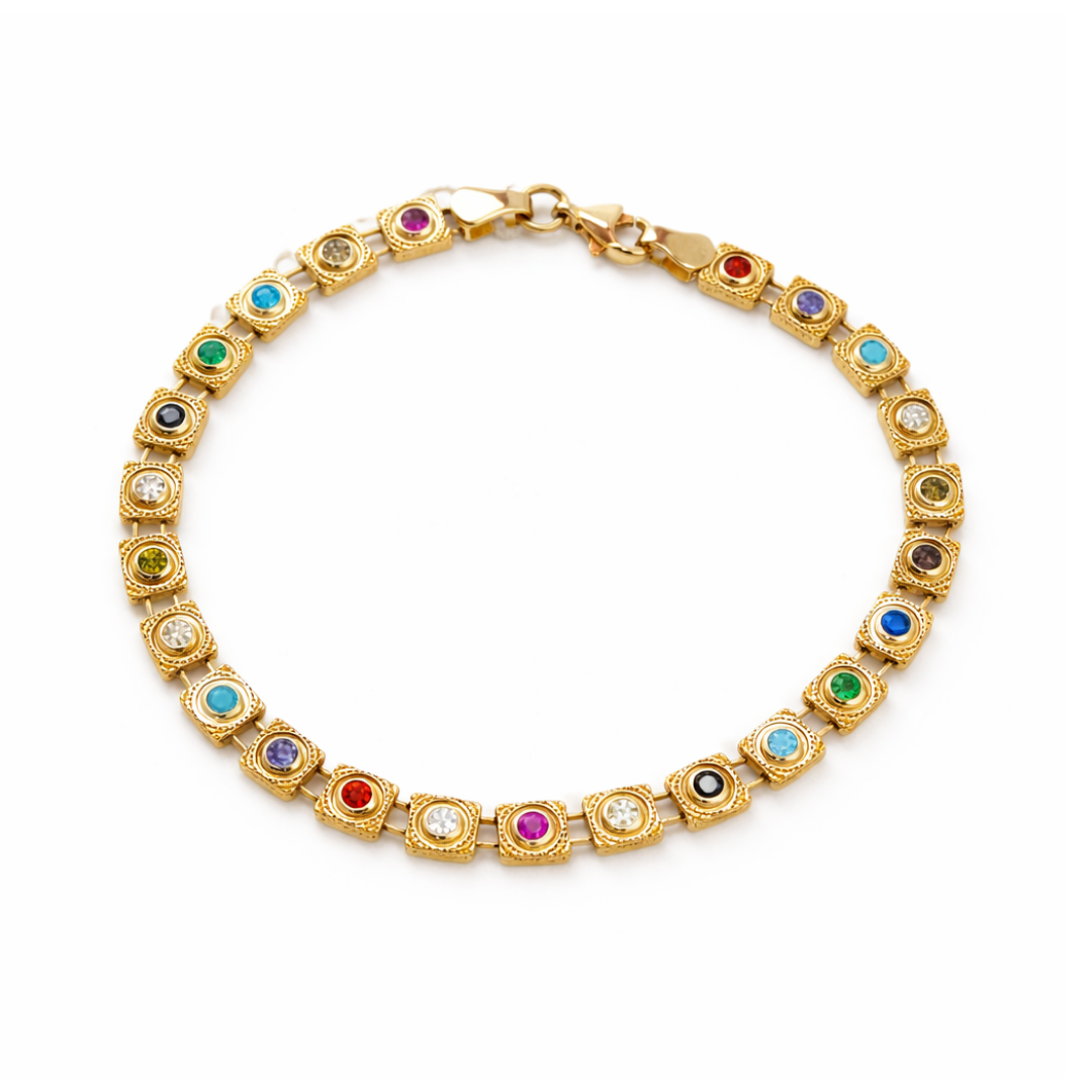 Złota bransoletka z kolorowymi cyrkoniami