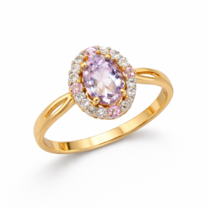 Złoty pierścionek z ametystem, turmalinami i topazami